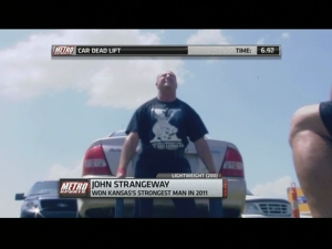 John grinding out a car deadlift on "Metro Sports" at the 10th "Missouri's Strongest Man: The Gus Lohman Memorial"