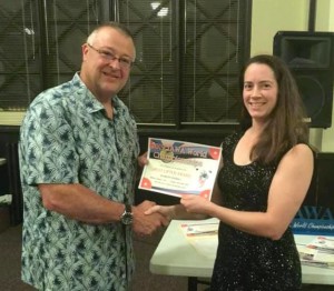 Elizabeth Skwarecki, the Overall Best Womens Lifter at the 2019 IAWA World Championships, receiving her award from Meet Promoter Al Myers.